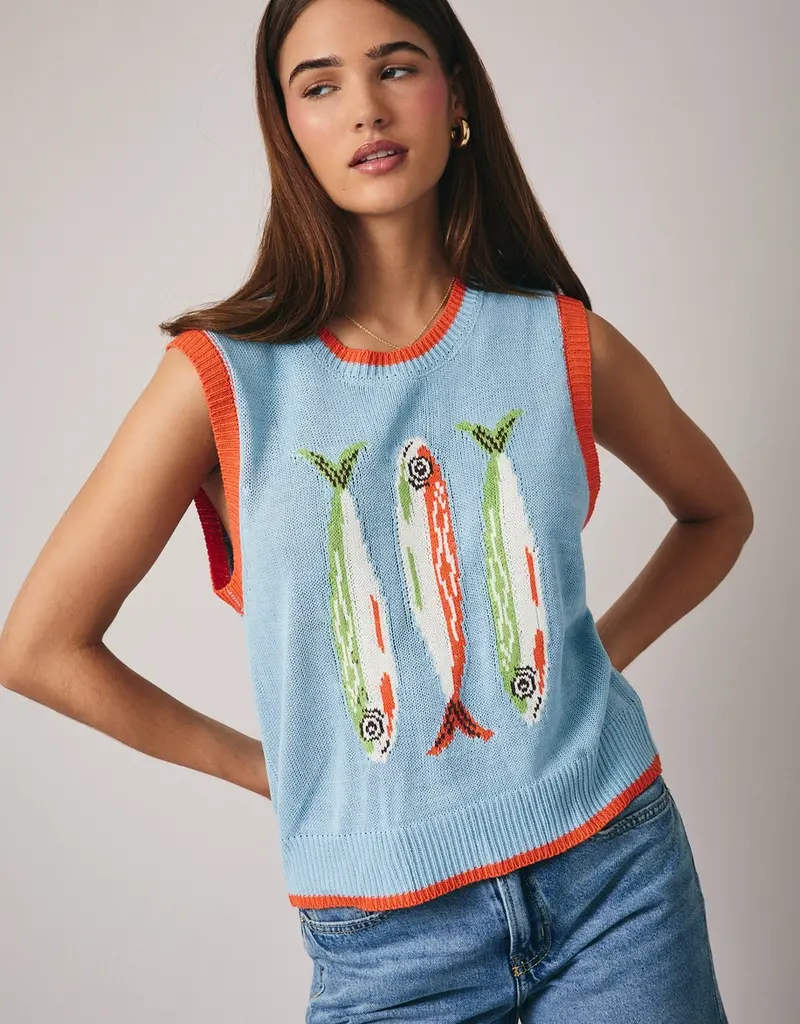 Crew Neck 'fish' Graphic Sweater Vest