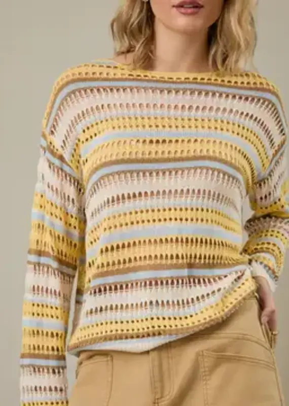 Boat Neck Open Knit Stripe Top