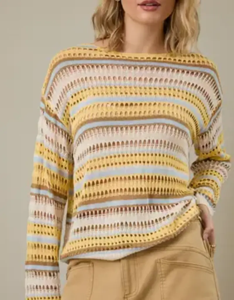 Boat Neck Open Knit Stripe Top