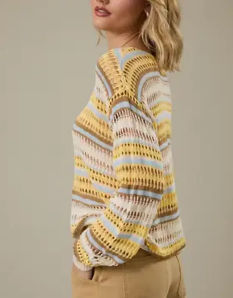 Boat Neck Open Knit Stripe Top