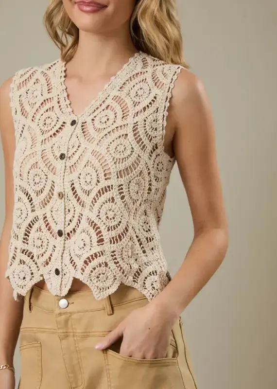 V-Neck Sleeveless Crochet Vest