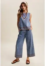 Denim Tank & Wide-Leg Pant Set With Embroidery Detail