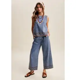 Denim Tank & Wide-Leg Pant Set With Embroidery Detail