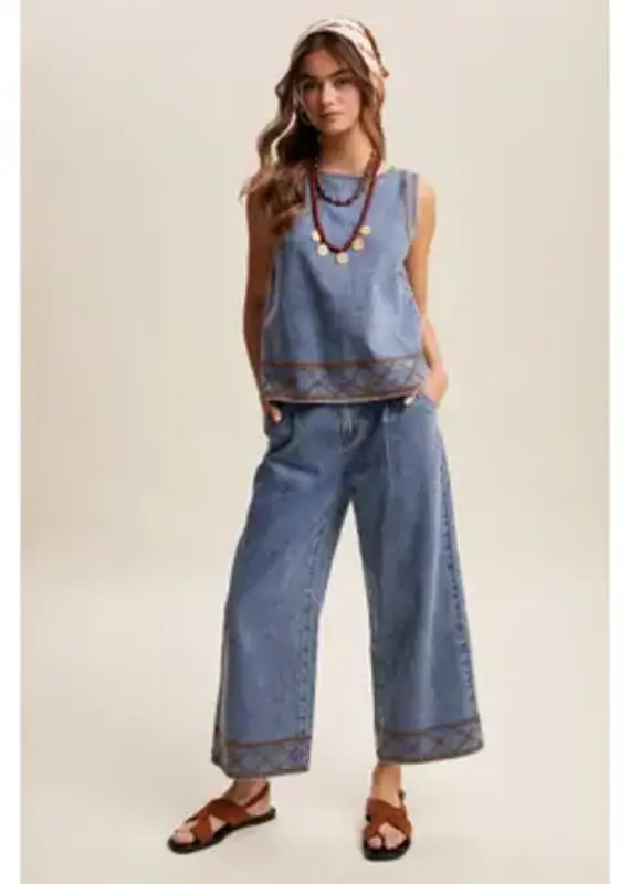 Denim Tank & Wide-Leg Pant Set With Embroidery Detail