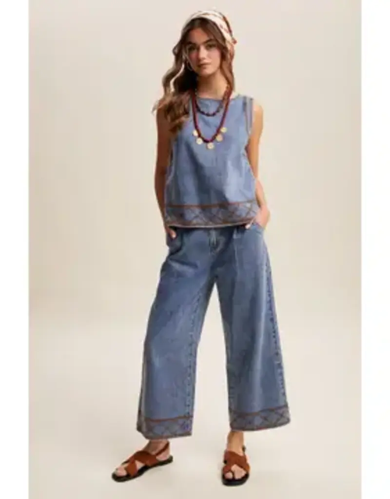 Denim Tank & Wide-Leg Pant Set With Embroidery Detail