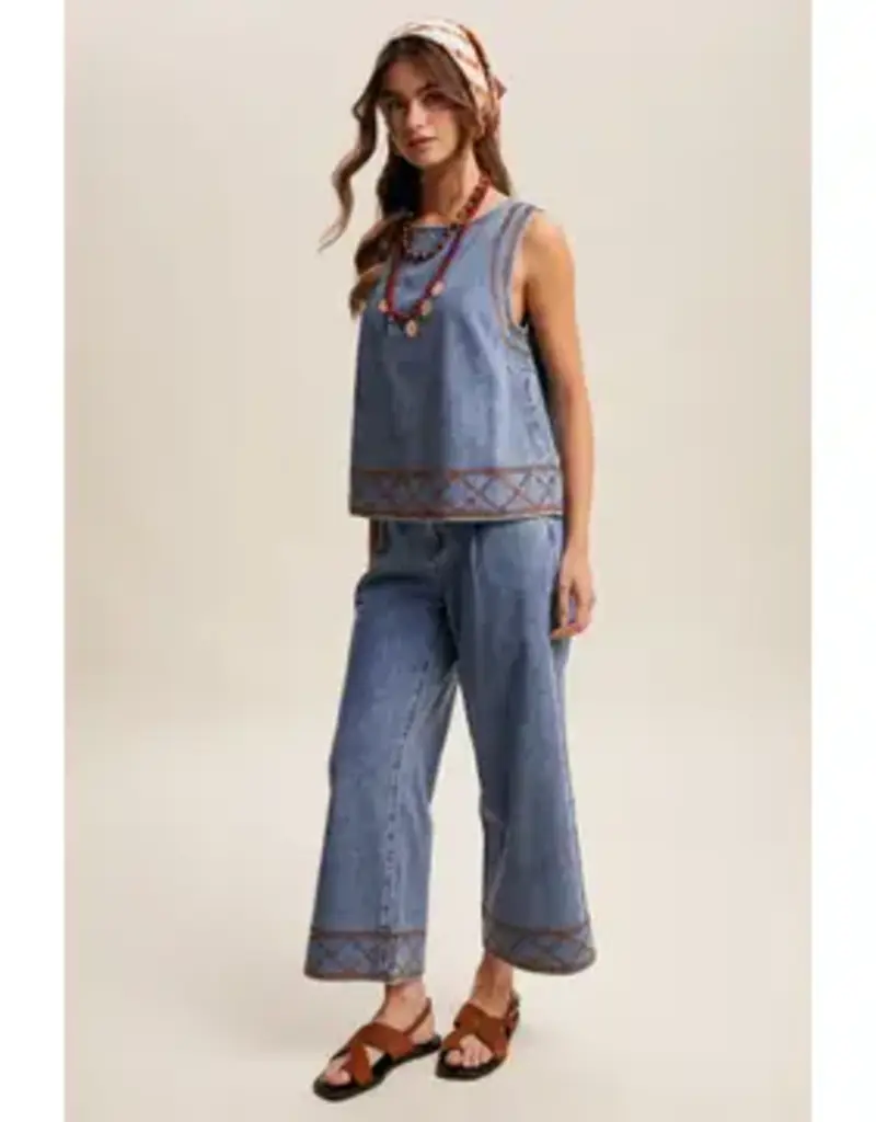 Denim Tank & Wide-Leg Pant Set With Embroidery Detail