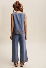 Denim Tank & Wide-Leg Pant Set With Embroidery Detail