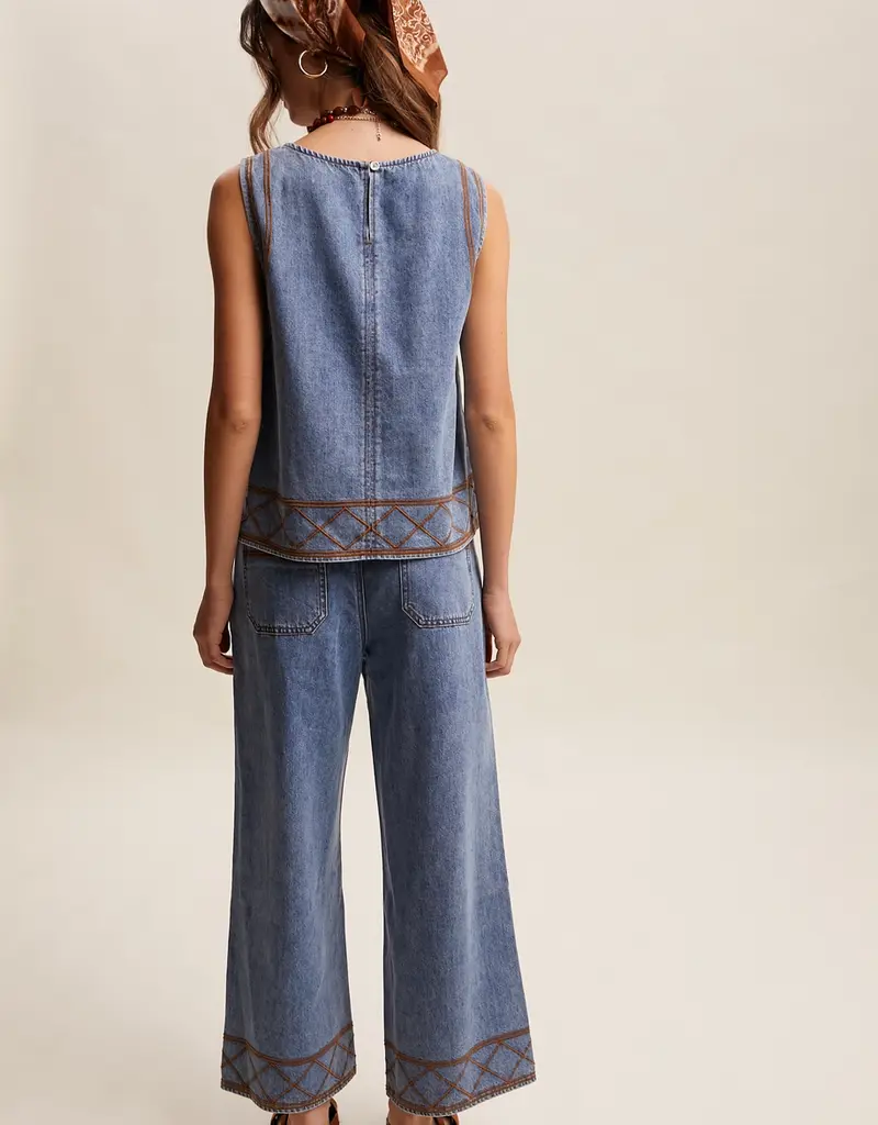 Denim Tank & Wide-Leg Pant Set With Embroidery Detail