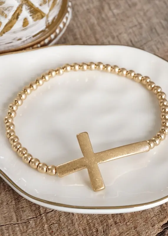 Cross Stretchy Bracelet - Worn  Gold