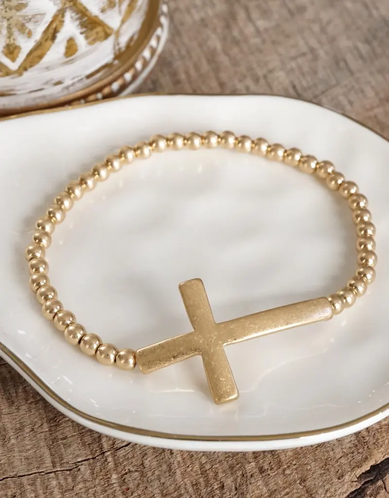 Cross Stretchy Bracelet - Worn  Gold