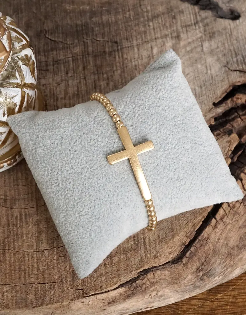 Cross Stretchy Bracelet - Worn  Gold