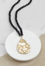 Long Wooden Bead Necklace with Gold Teardrop - Black