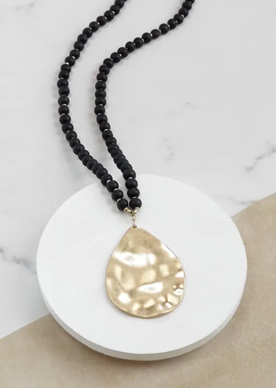 Long Wooden Bead Necklace with Gold Teardrop - Black