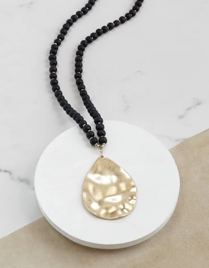 Long Wooden Bead Necklace with Gold Teardrop - Black
