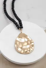 Long Wooden Bead Necklace with Gold Teardrop - Black