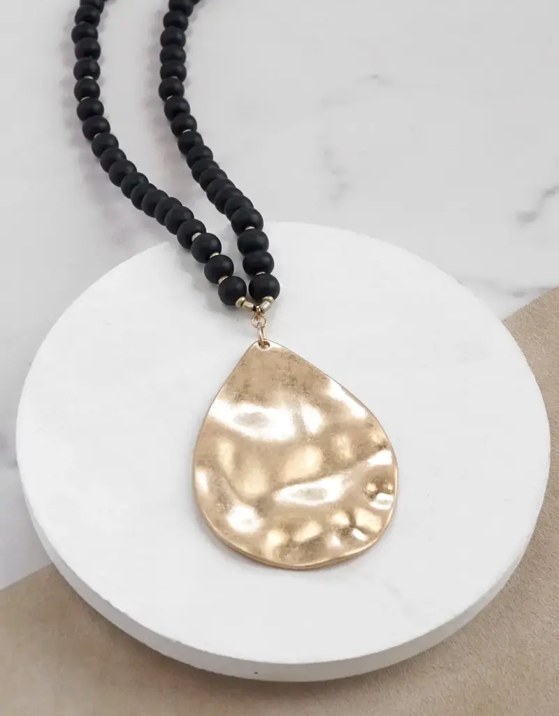 Long Wooden Bead Necklace with Gold Teardrop - Black
