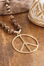 Long Wood Bead Necklace with Golden Peace Sign Pendant - Brown