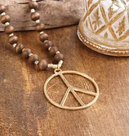 Long Wood Bead Necklace with Golden Peace Sign Pendant - Brown