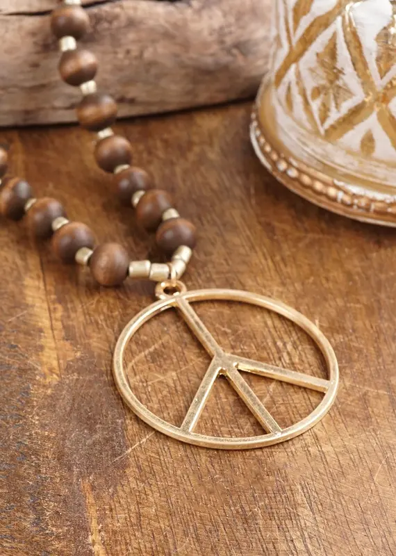 Long Wood Bead Necklace with Golden Peace Sign Pendant - Brown