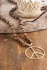 Long Wood Bead Necklace with Golden Peace Sign Pendant - Brown