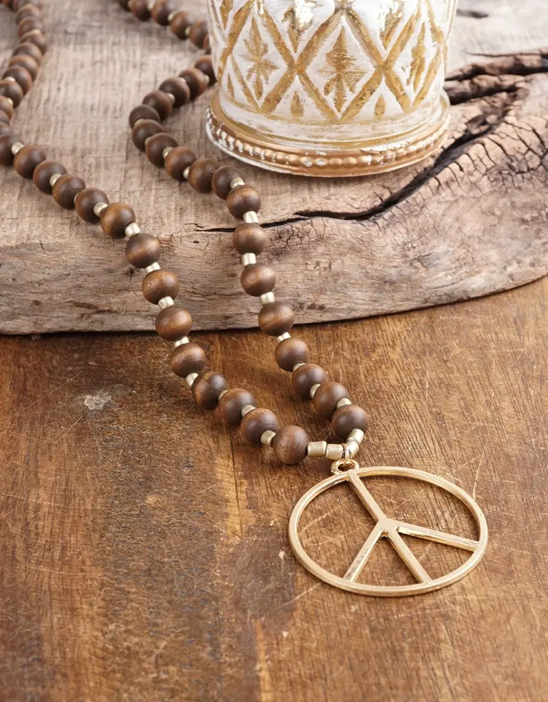 Long Wood Bead Necklace with Golden Peace Sign Pendant - Brown