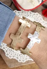 Hammered Sideways Cross Bracelet in Worn Silver Gold Tone Boho Style