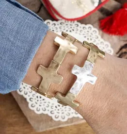 Hammered Sideways Cross Bracelet in Worn Silver Gold Tone Boho Style
