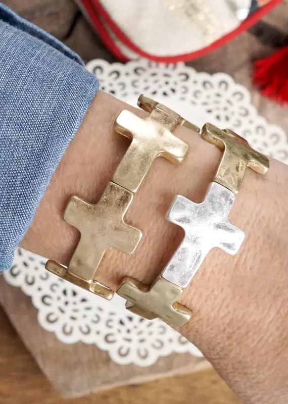 Hammered Sideways Cross Bracelet in Worn Silver Gold Tone Boho Style