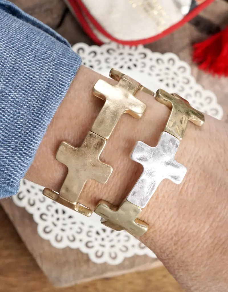 Hammered Sideways Cross Bracelet in Worn Silver Gold Tone Boho Style
