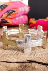Hammered Sideways Cross Bracelet in Worn Silver Gold Tone Boho Style