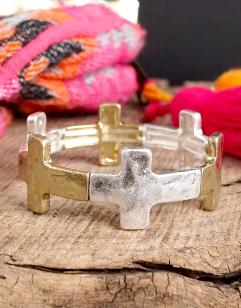 Hammered Sideways Cross Bracelet in Worn Silver Gold Tone Boho Style