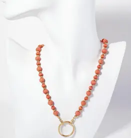 Metal Circle Pendant On Wood-Beaded Chain Necklace - Available in Coral &