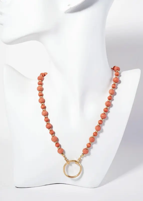 Metal Circle Pendant On Wood-Beaded Chain Necklace - Available in Coral &