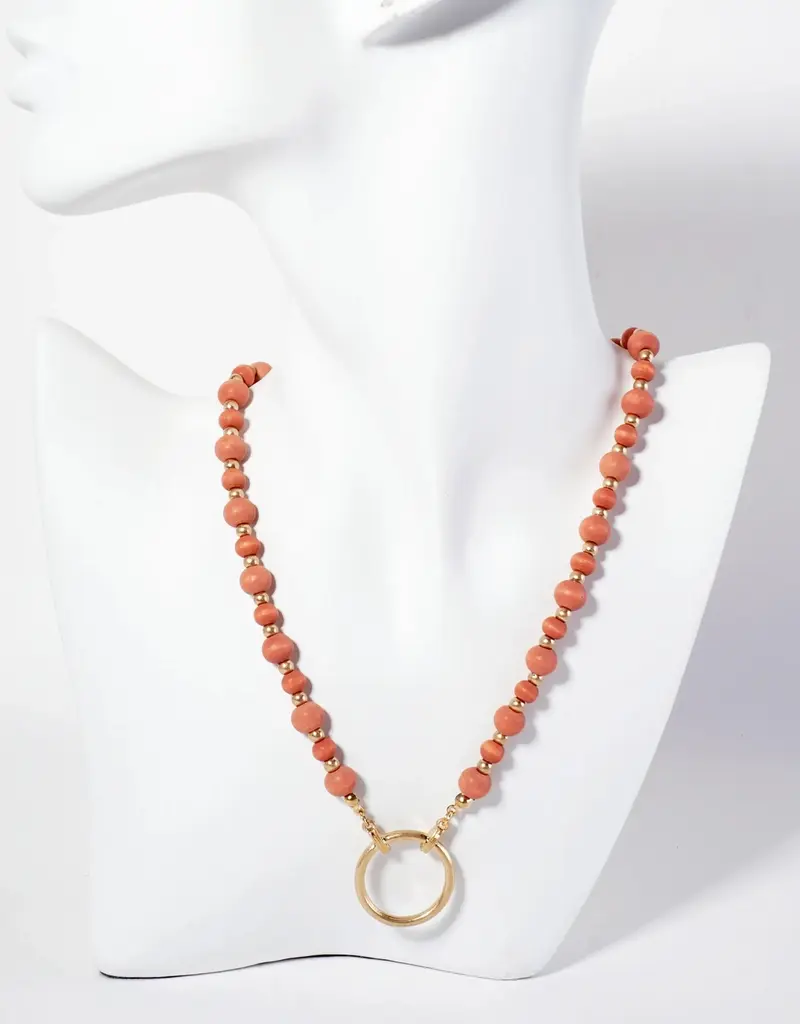 Metal Circle Pendant On Wood-Beaded Chain Necklace