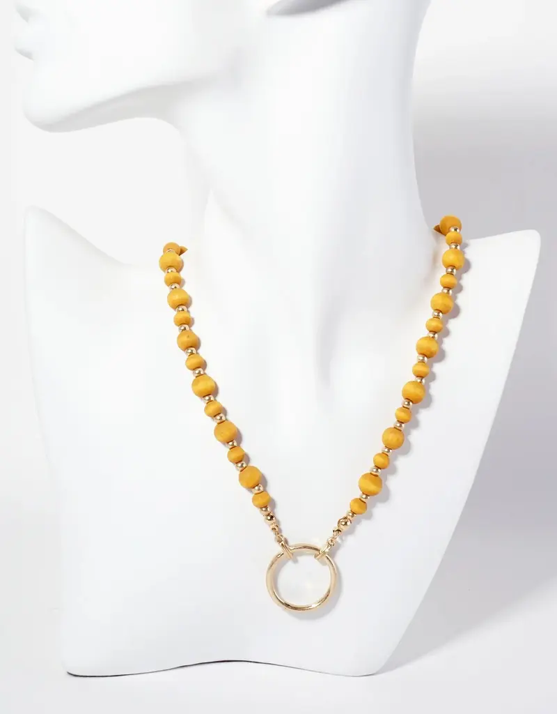 Metal Circle Pendant On Wood-Beaded Chain Necklace