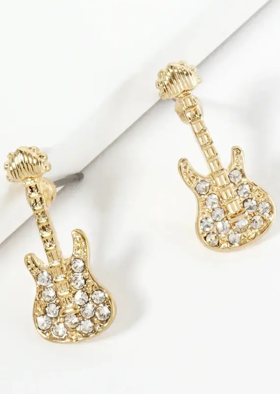 Crystal Pave Electric Guitar Stud Earrings - Gold