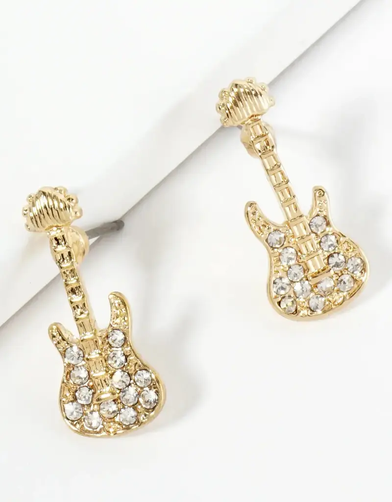 Crystal Pave Electric Guitar Stud Earrings - Gold
