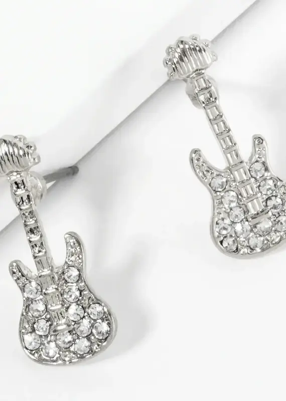 Crystal Pave Electric Guitar Stud Earrings - Silver