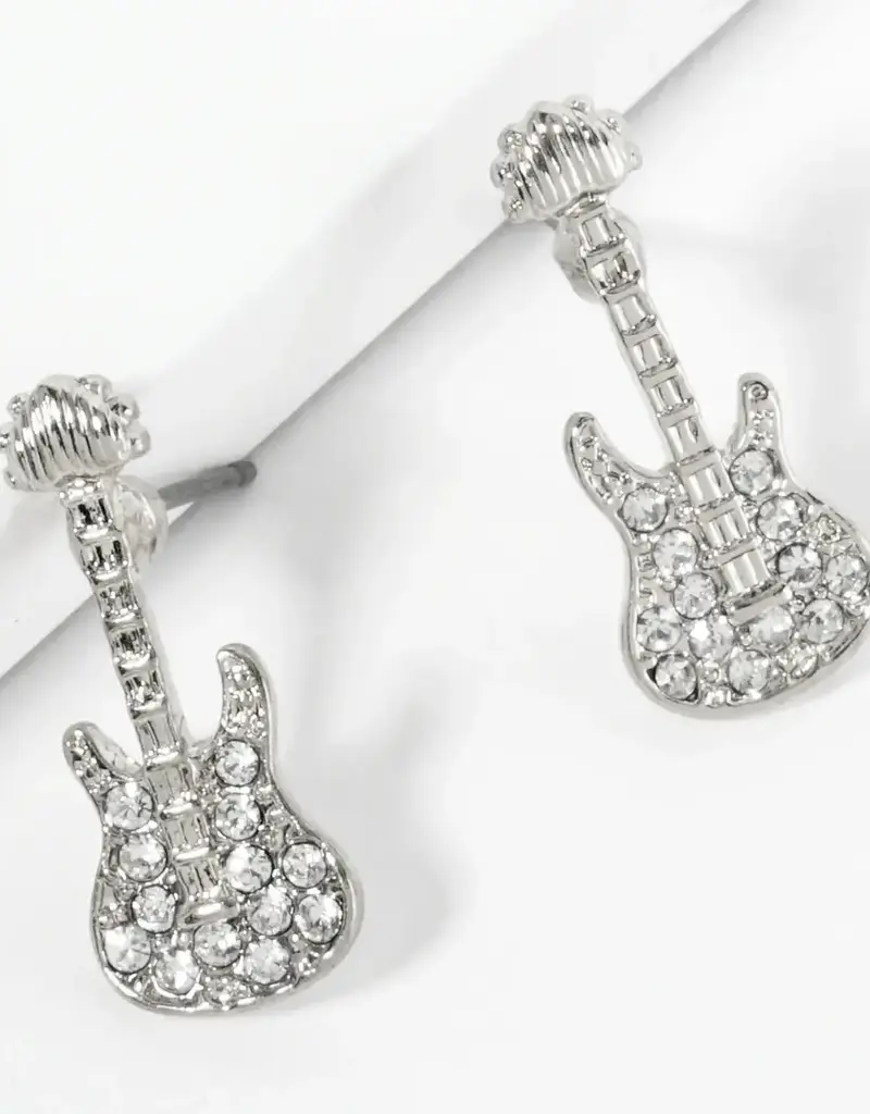 Crystal Pave Electric Guitar Stud Earrings - Silver