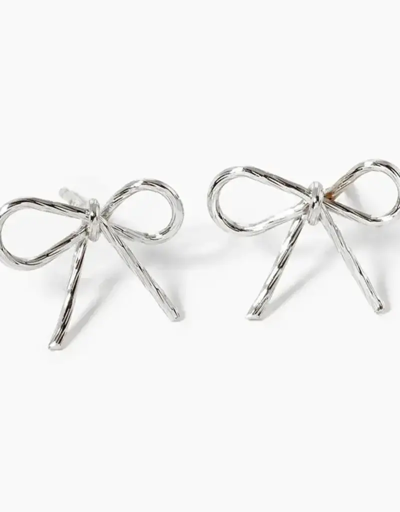 18K Gold Wire Ribbon Bow Post Stud Earrings - Silver