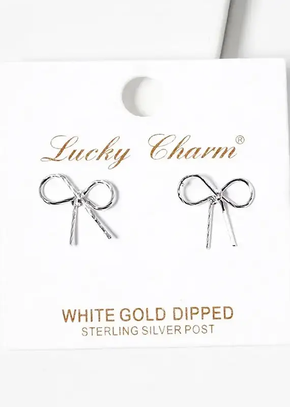 18K Gold Wire Ribbon Bow Post Stud Earrings - Silver