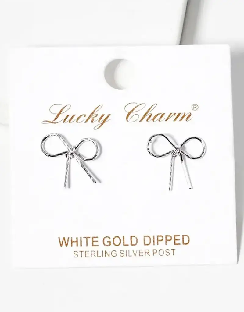 18K Gold Wire Ribbon Bow Post Stud Earrings - Silver