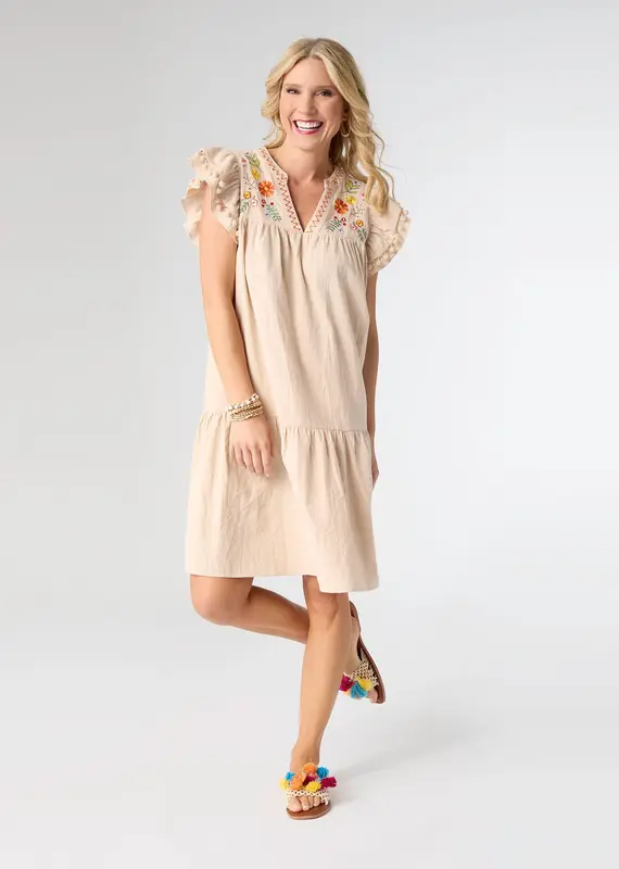 Freya Embroidered Dress with Flutter Sleeve