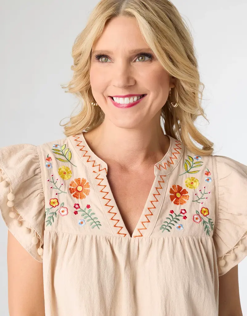 Freya Embroidered Dress with Flutter Sleeve