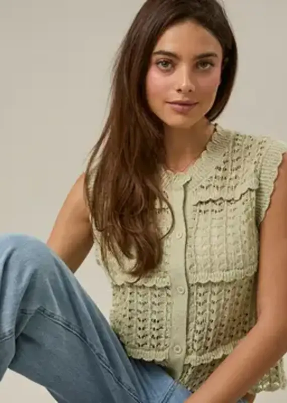 Round Neck Sleeveless Button Down Open Knit Top