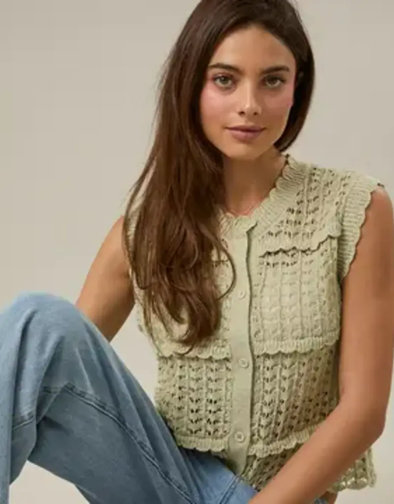 Round Neck Sleeveless Button Down Open Knit Top