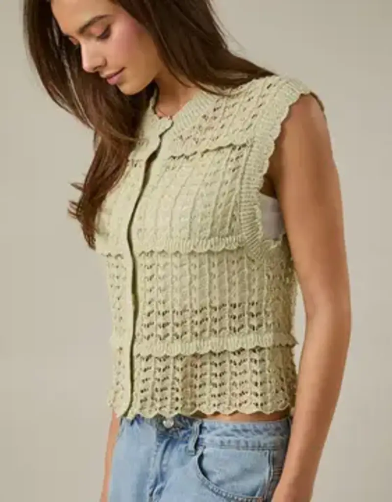 Round Neck Sleeveless Button Down Open Knit Top