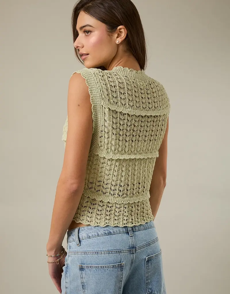 Round Neck Sleeveless Button Down Open Knit Top