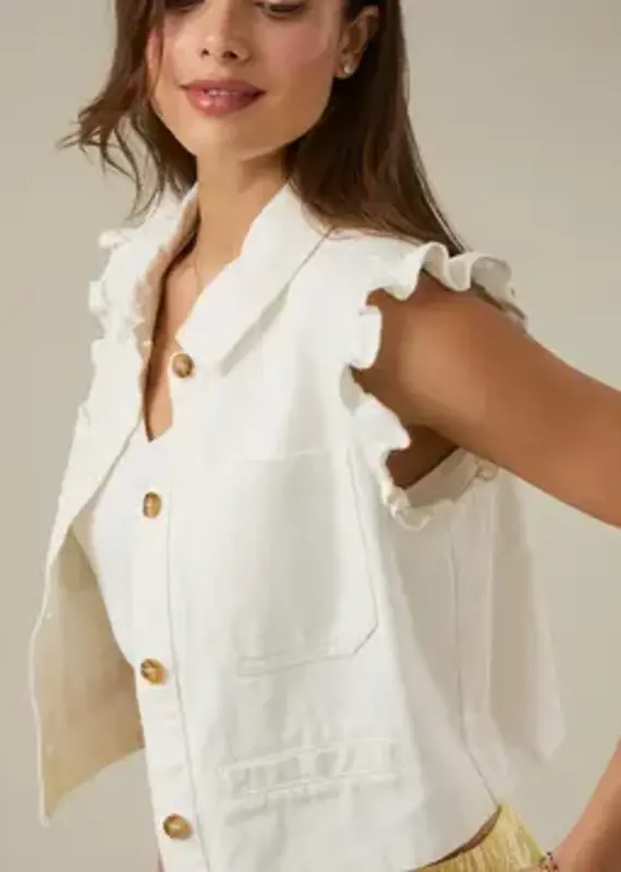 Ruffle Sleeve Button Down Twill Vest