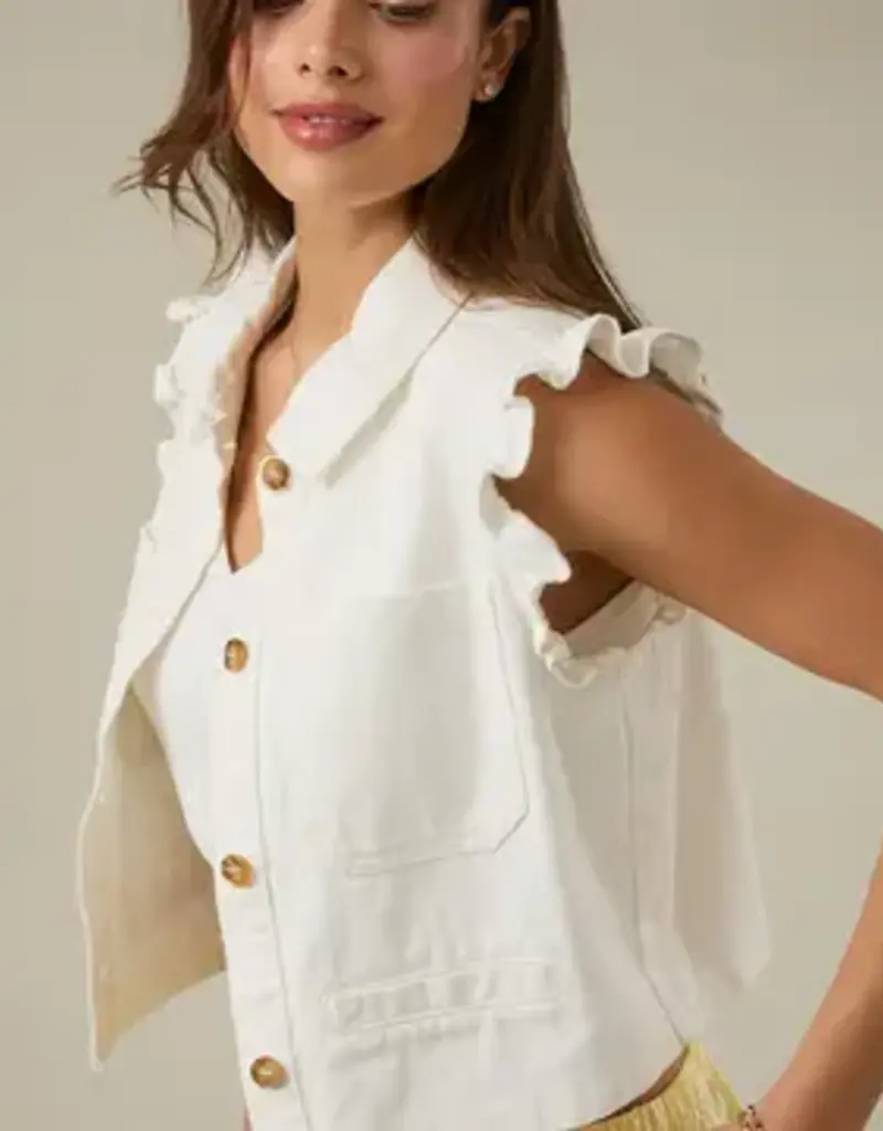 Ruffle Sleeve Button Down Twill Vest